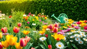 Gardening scene showcasing colorful flowers and plants thriving in a vibrant home garden.