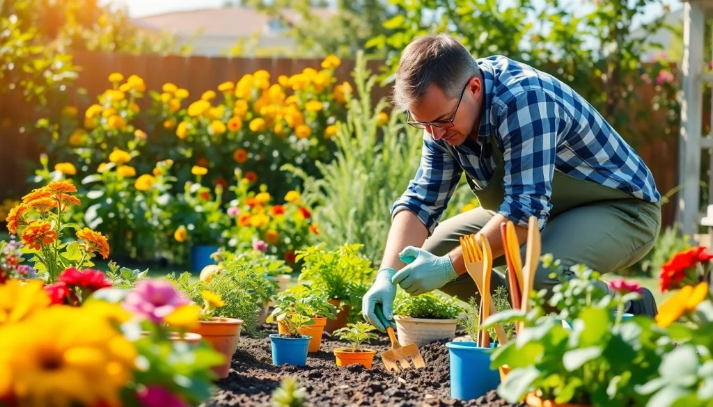 Gardening expert nurturing a vibrant vegetable garden with colorful pots and lush greenery.
