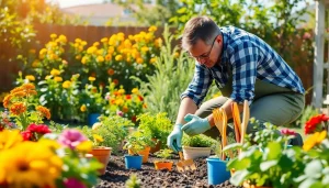 Gardening expert nurturing a vibrant vegetable garden with colorful pots and lush greenery.