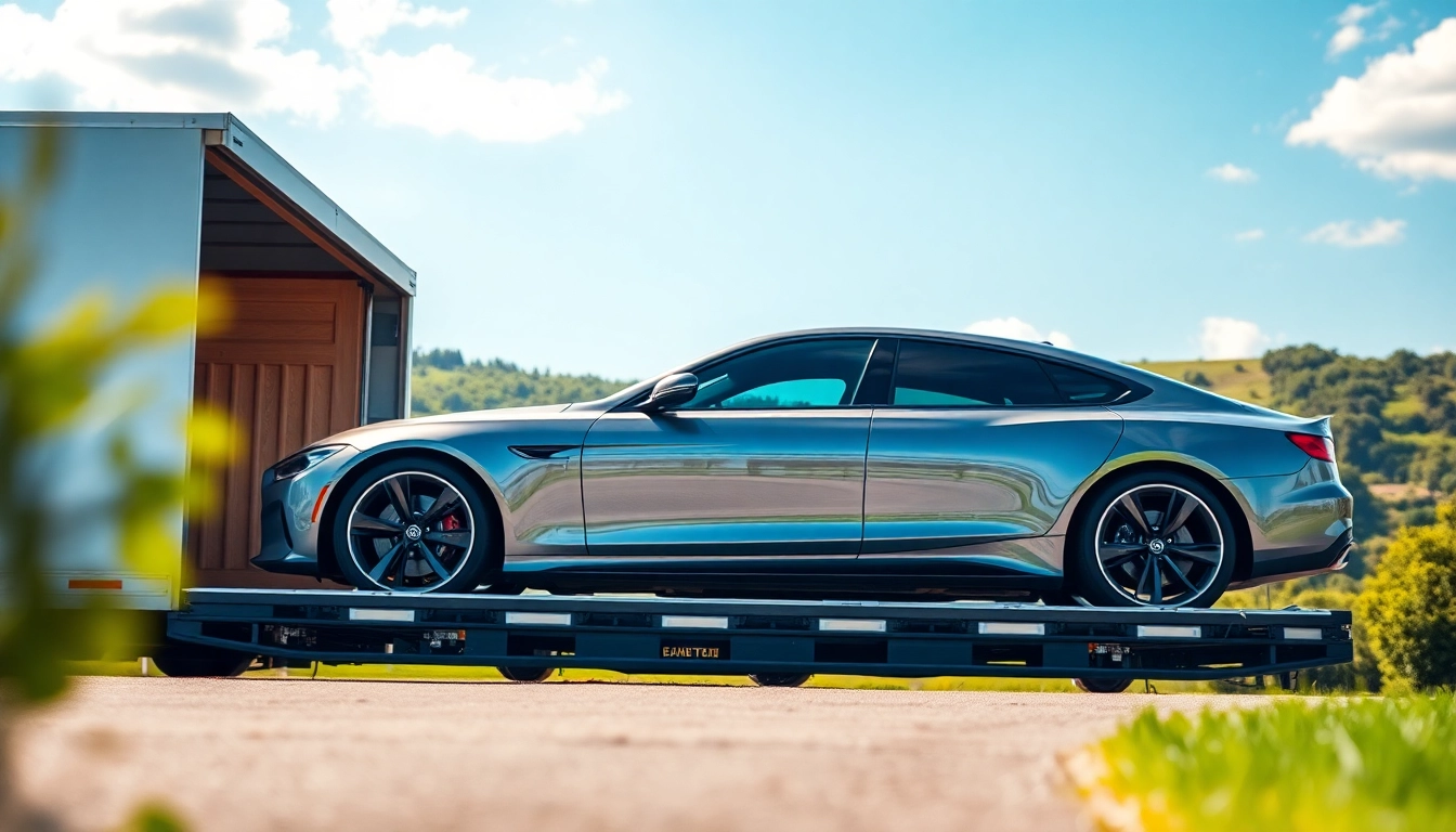 Showcasing the luxury auto transport provided by https://luxuryautocarriers.com with a high-end vehicle on an elegant carrier.