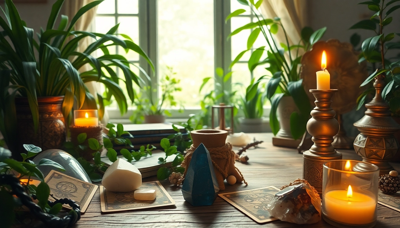 Experience intuitive reading and healing at https://julielynn.co with a serene witch's workspace.