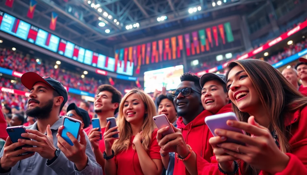 Engaging fans enjoying sports betting in Georgia with mobile apps at a vibrant stadium.