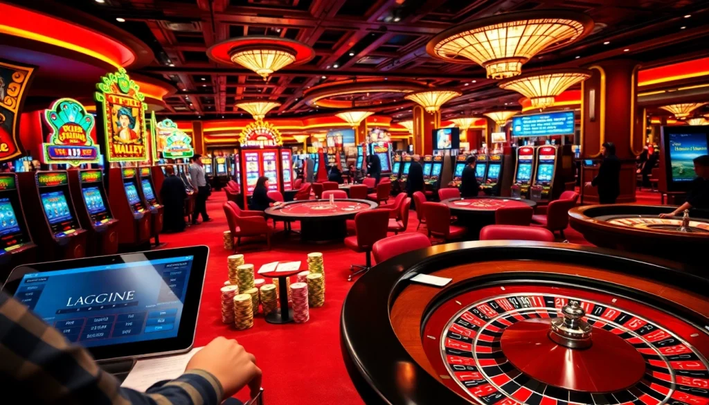 Experience the excitement of 주소모음 in a vibrant casino setting with players at poker tables and slot machines.