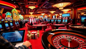 Experience the excitement of 주소모음 in a vibrant casino setting with players at poker tables and slot machines.