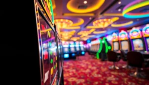 Jelajahi yuyu4d slot dengan mesin slot berputar dan suasana kasino yang meriah.