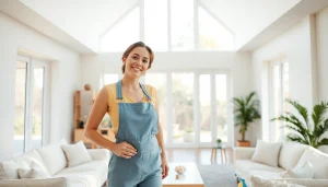 Cleaning service professional diligently cleaning a bright, inviting living room space.