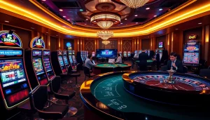 Betting excitement at i5bet, showcasing vibrant casino tables and engaging gamblers.