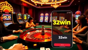 Play poker at a luxurious casino table with the 32win app interface capturing the excitement.