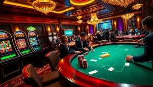 Experience the excitement of Man88 in a luxurious casino scene featuring elegant poker tables, vibrant slots, and roulette wheels.