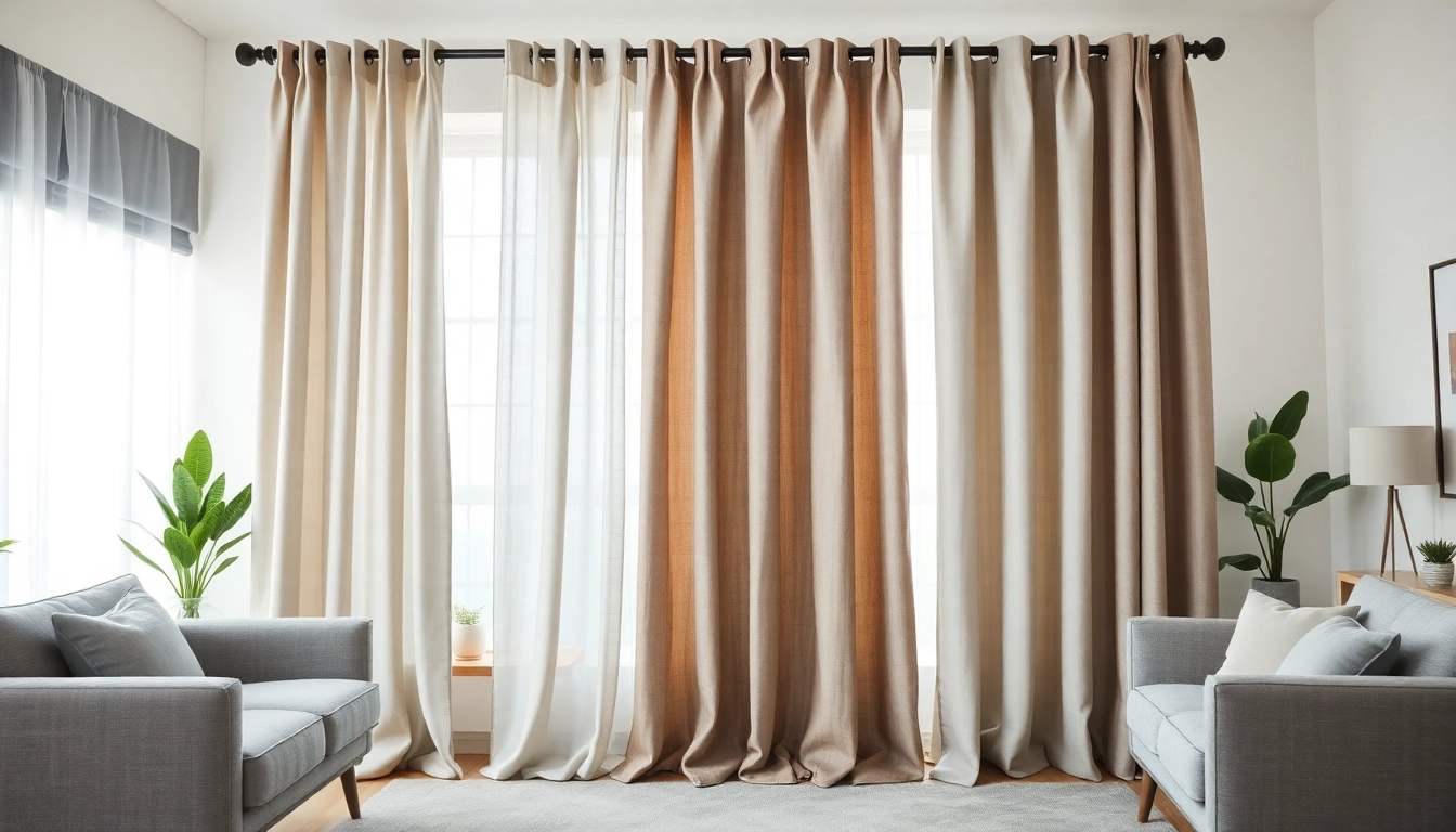 Verduisterende gordijnen van verschillende kleuren en stoffen in een moderne interieursetting.