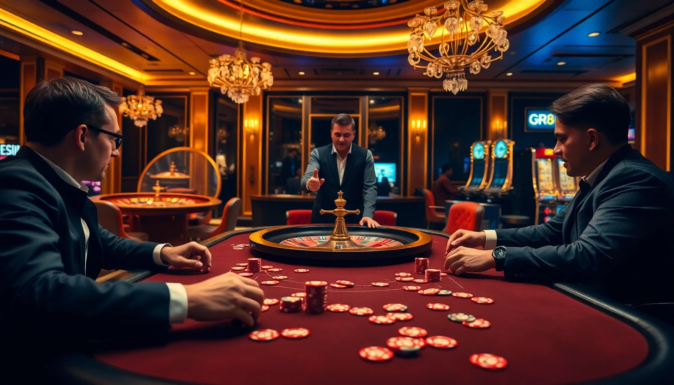 Experience the excitement of GK88 with high-stakes poker players at a luxurious casino table.