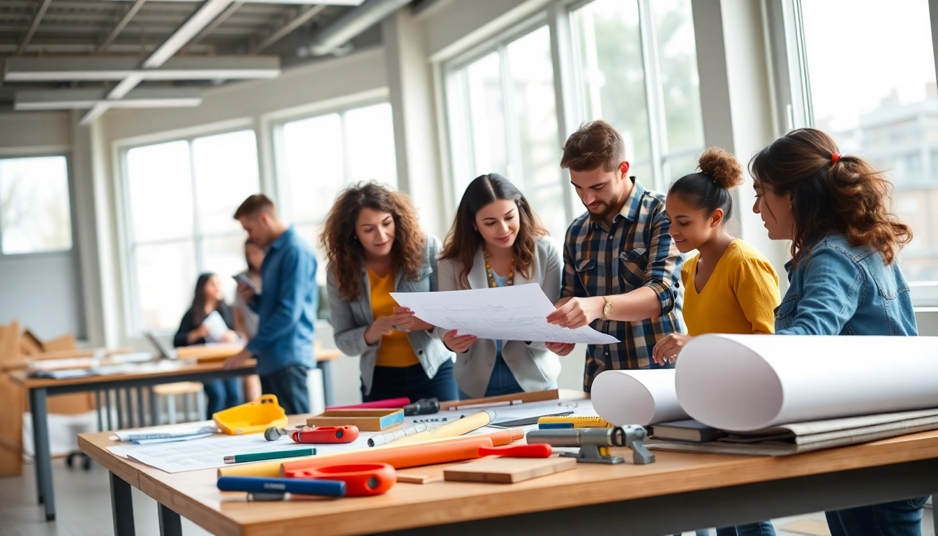 Students participating in construction classes, engaged in hands-on learning with tools and blueprints.