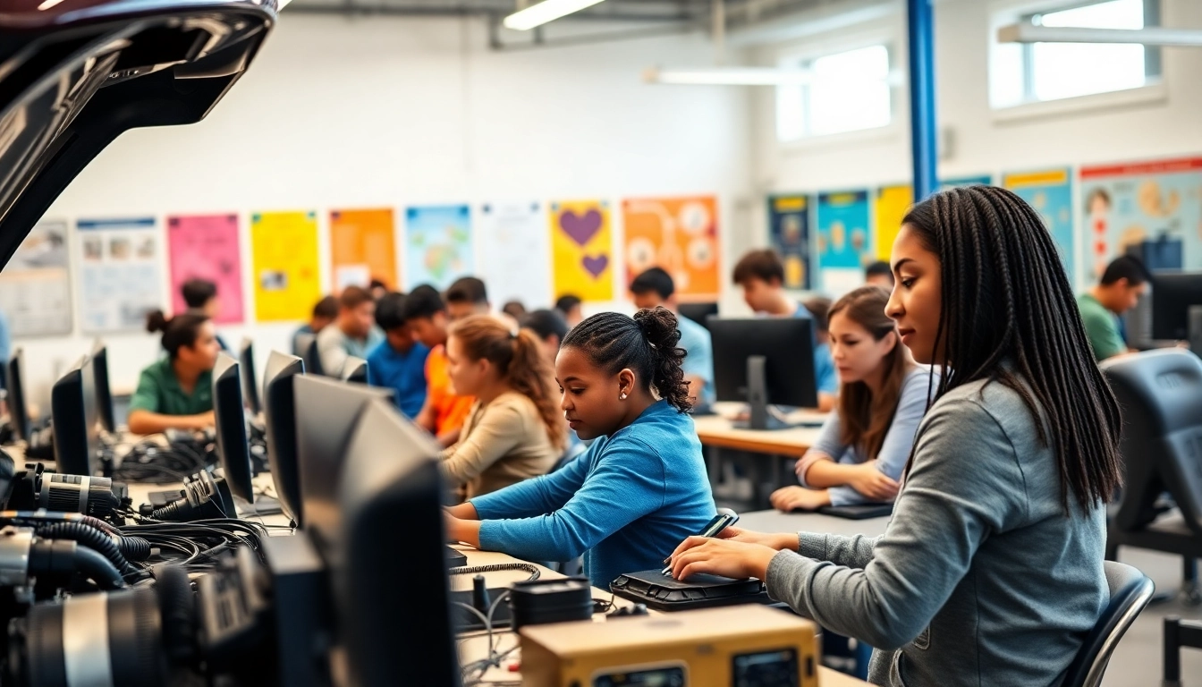 Engaged students at Trade School Tennessee working on practical skills in a vibrant classroom.