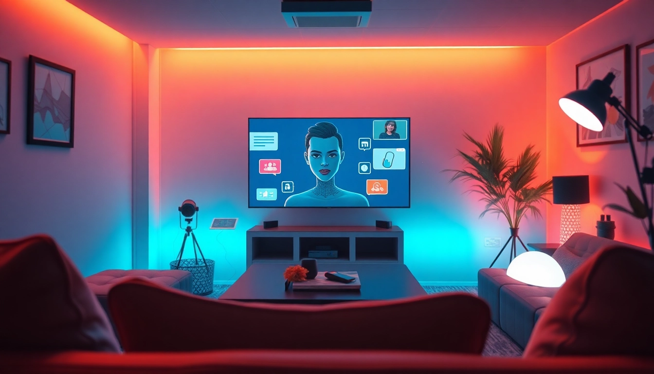 Engaging NSFW character AI interaction in a cozy, modern digital room with warm lighting.