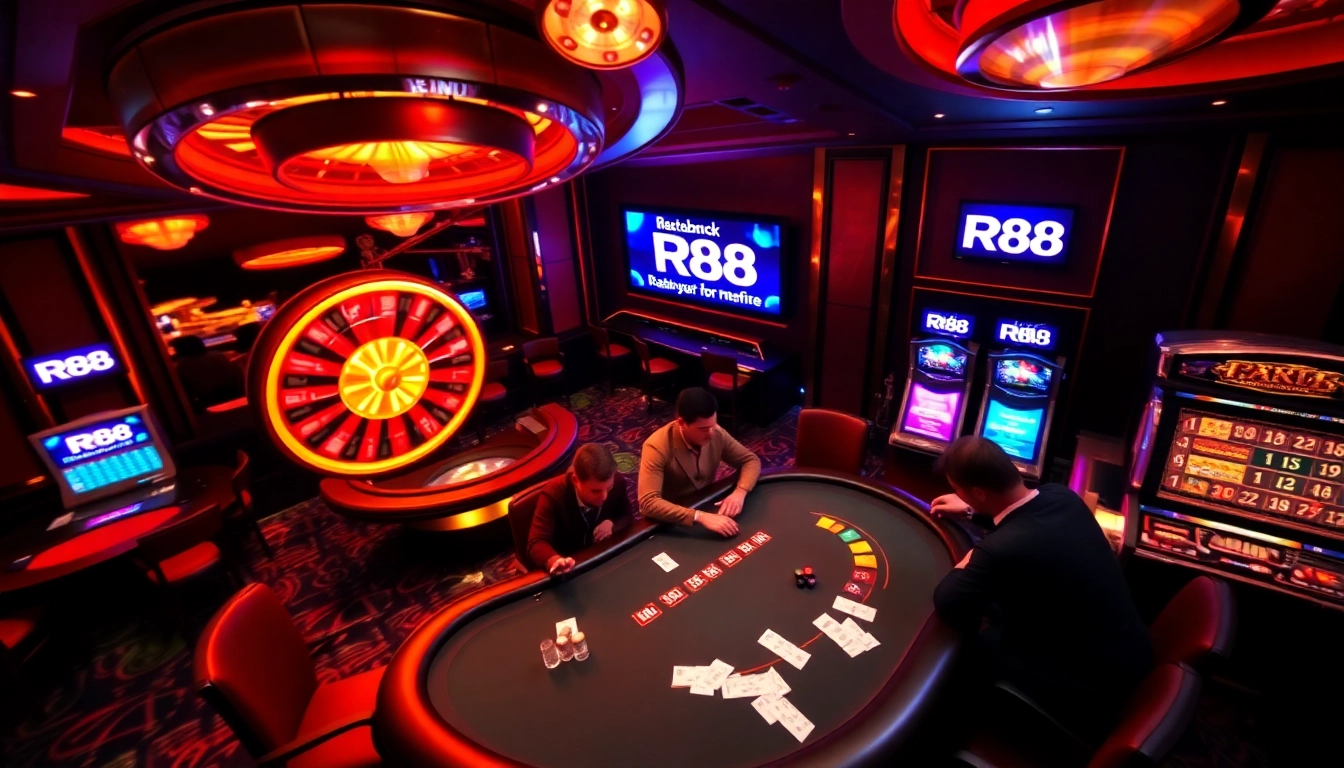 RR88 poker table action and vibrant casino atmosphere with roulette wheel rotating.