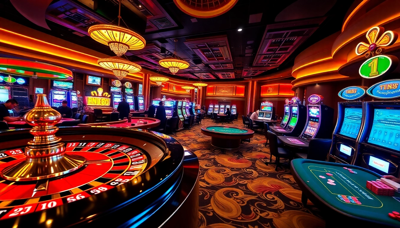 Feel the thrill of vibrant casino action at NK88 with players at the roulette wheel and poker tables.