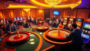 Players enjoying exciting games at the 88i casino, showcasing vibrant roulette wheels and luxurious poker tables.