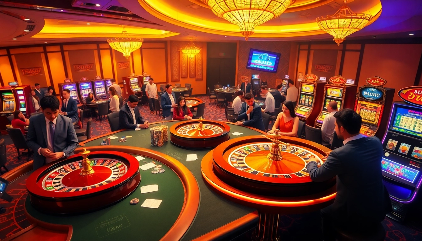 Players enjoying exciting games at the 88i casino, showcasing vibrant roulette wheels and luxurious poker tables.