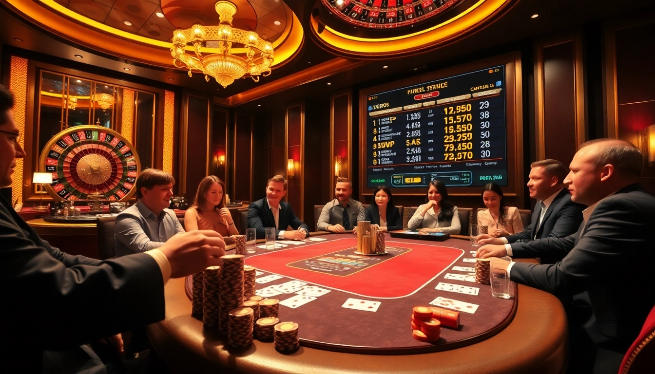 Engaged players at a luxurious poker table celebrating wins at bdjl.org casino.