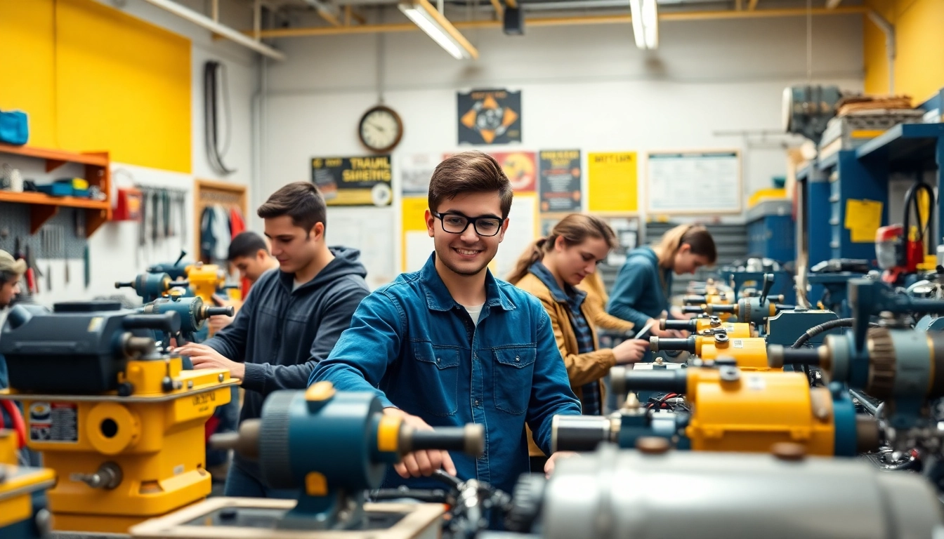 Students exploring trade schools in southern California through hands-on vocational training in a vibrant workshop.