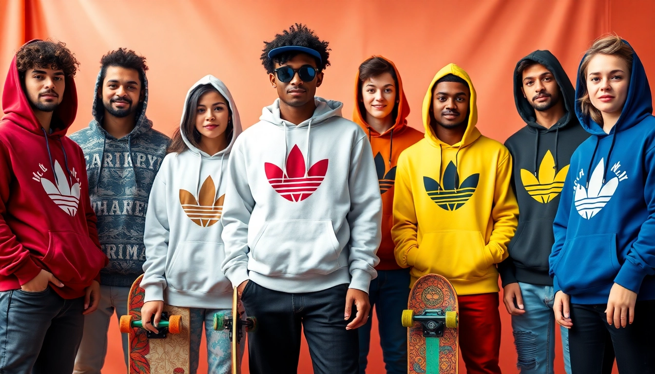 Džemperiai su spauda pavaizduoti įvairiais modeliais, demonstruojant ryškius gobtuvinių džemperių dizainus kasdieninėje aplinkoje.