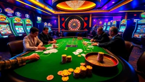 Experience thrilling gameplay at XX 88's elite casino, showcasing poker, slot machines, and vibrant ambiance.