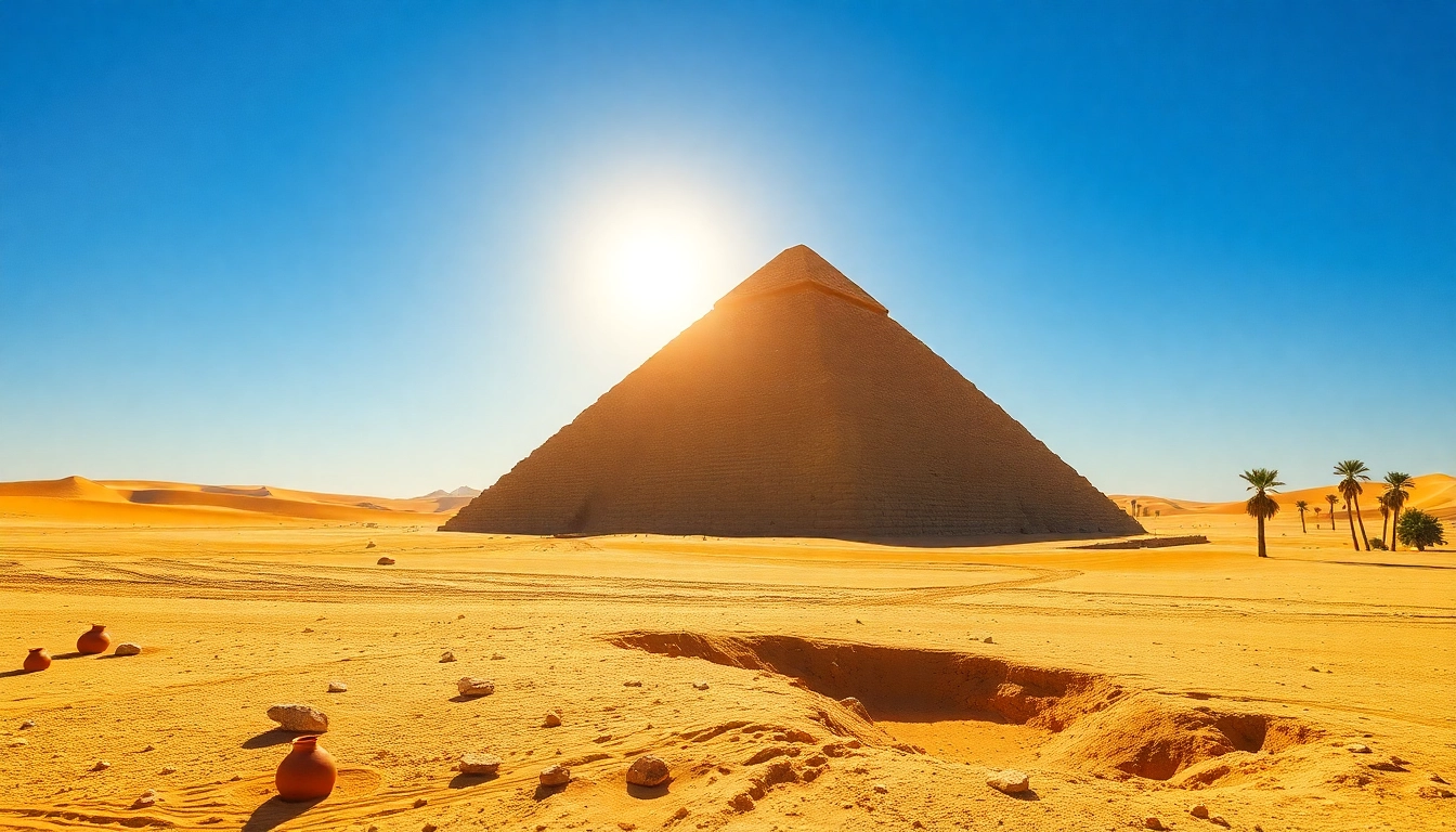 View of ancient piraminds surrounded by desert landscape and artifacts, evoking history.