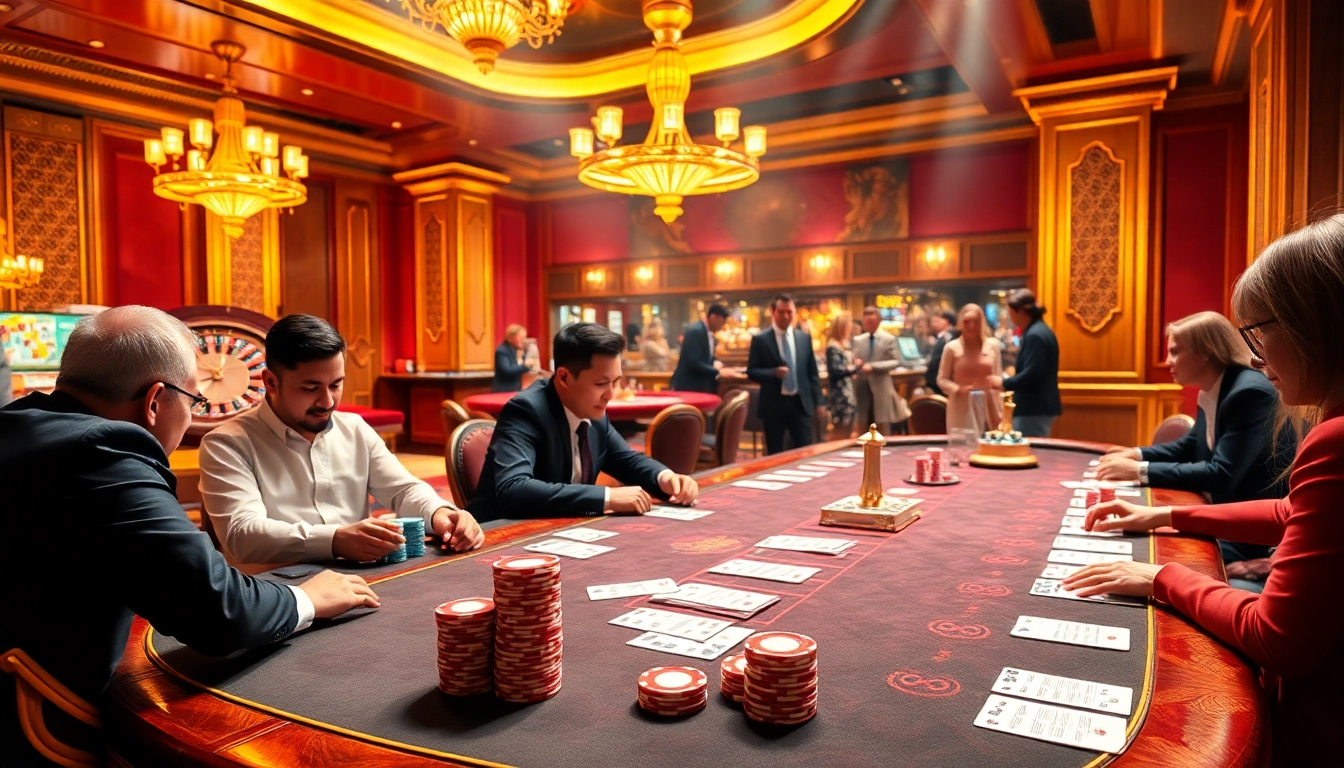 CM88-themed casino scene featuring players at a poker table amidst vibrant gaming elements.