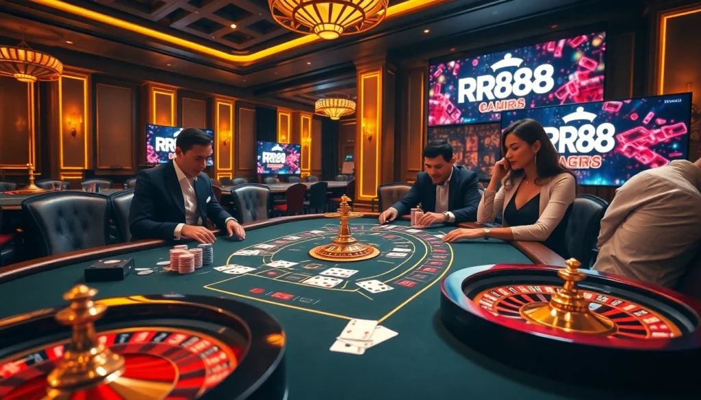 Engaged gamblers strategizing at a luxurious RR88 casino table, featuring vibrant cards and chips.