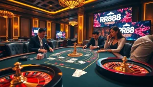 Engaged gamblers strategizing at a luxurious RR88 casino table, featuring vibrant cards and chips.