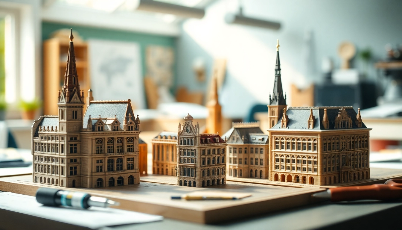 Architekturmodellbau Bremen: Detailreiche Miniaturmodelle berühmter Bremer Landmarken in einem einladenden Arbeitsbereich.