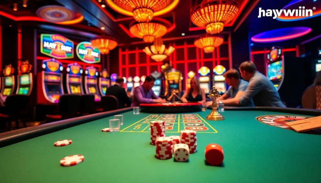 Players enjoying a thrilling poker game at Haywin's luxurious casino, surrounded by vibrant slot machines and classic roulette.