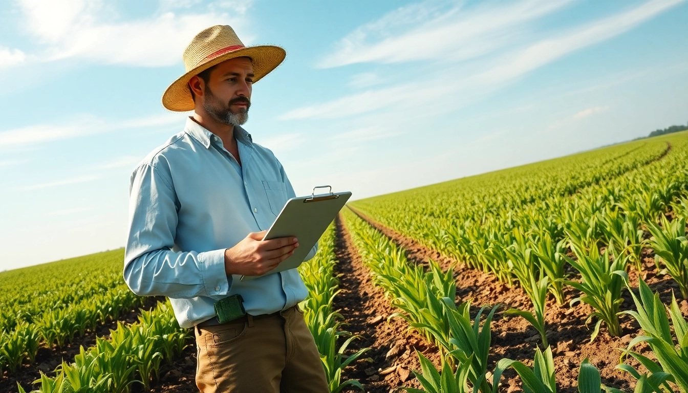 Analyze agriculture law practices with a farmer inspecting crops in a sunny field.