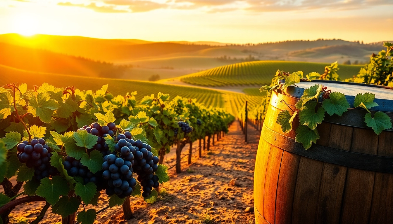 Showcasing a vineyard in Carksburg CA with ripe grapes and a rustic wine barrel.