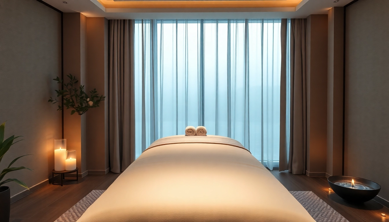 Serene hotel room setup for 출장안마 services featuring an elegant massage table and calming ambiance.