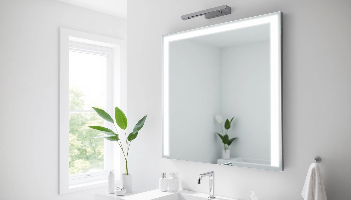 Showcasing an elegant bathroom mirror enhancing its modern surroundings with integrated LED lighting.
