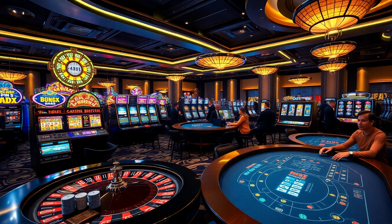 Players enjoying an exciting night at mm88 casino, featuring vibrant slot machines and table games.