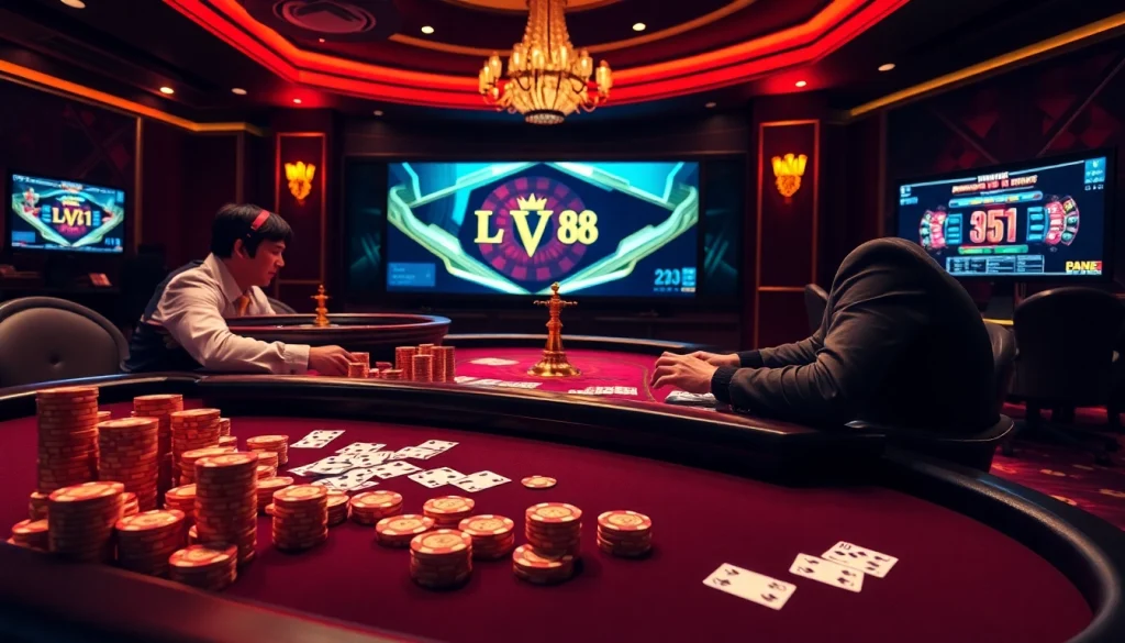 Exciting scene of LV88 online gambling with poker table, chips, and roulette wheel.