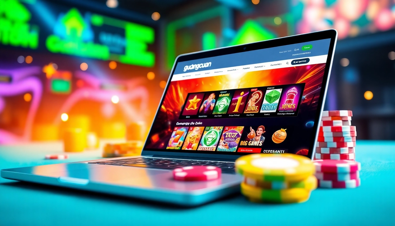 Gudangcuan website interface showcasing exciting slot games on a vibrant gaming laptop.