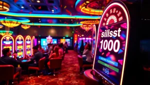 Players enjoying slot deposit 1000 at bright slot machines in a luxurious casino atmosphere.