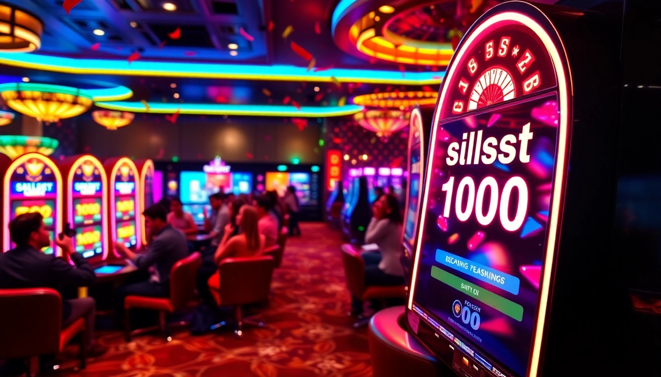 Players enjoying slot deposit 1000 at bright slot machines in a luxurious casino atmosphere.