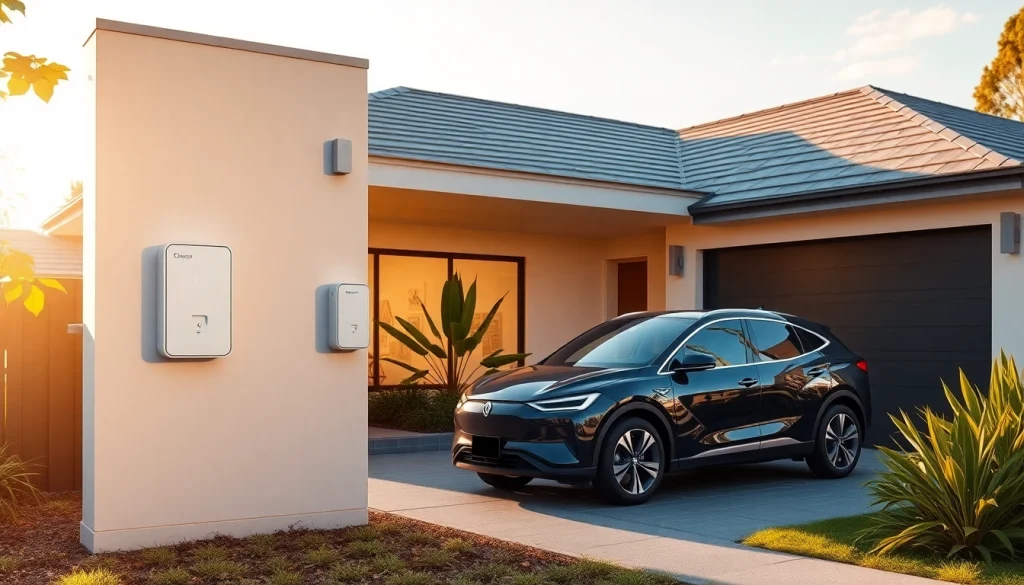 Home EV charger installed on a modern home facade, with an electric vehicle parked in a sunny driveway.