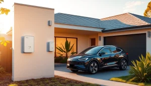 Home EV charger installed on a modern home facade, with an electric vehicle parked in a sunny driveway.