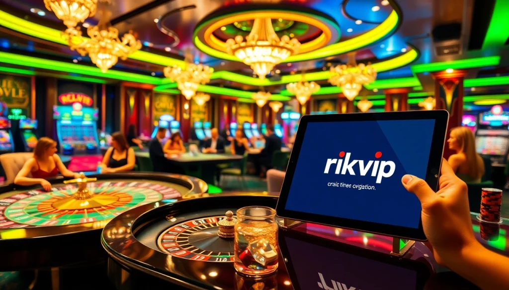Players strategizing their bets at rikvip casino tables, showcasing vibrant chips and cards.