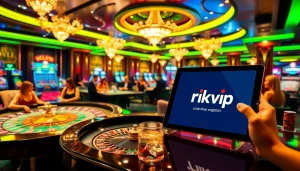 Players strategizing their bets at rikvip casino tables, showcasing vibrant chips and cards.