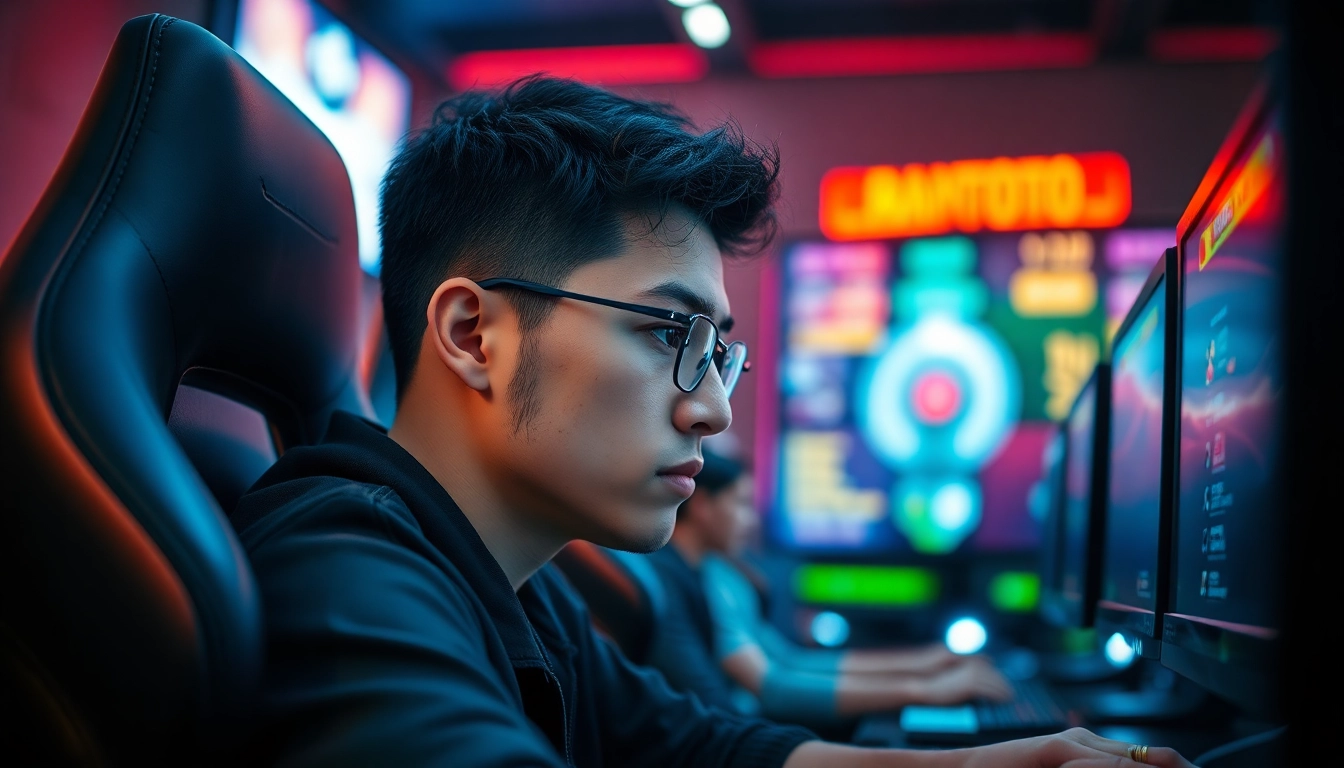 Ramtoto gamer in intense action, showcasing focus and vibrant atmosphere di dunia permainan.