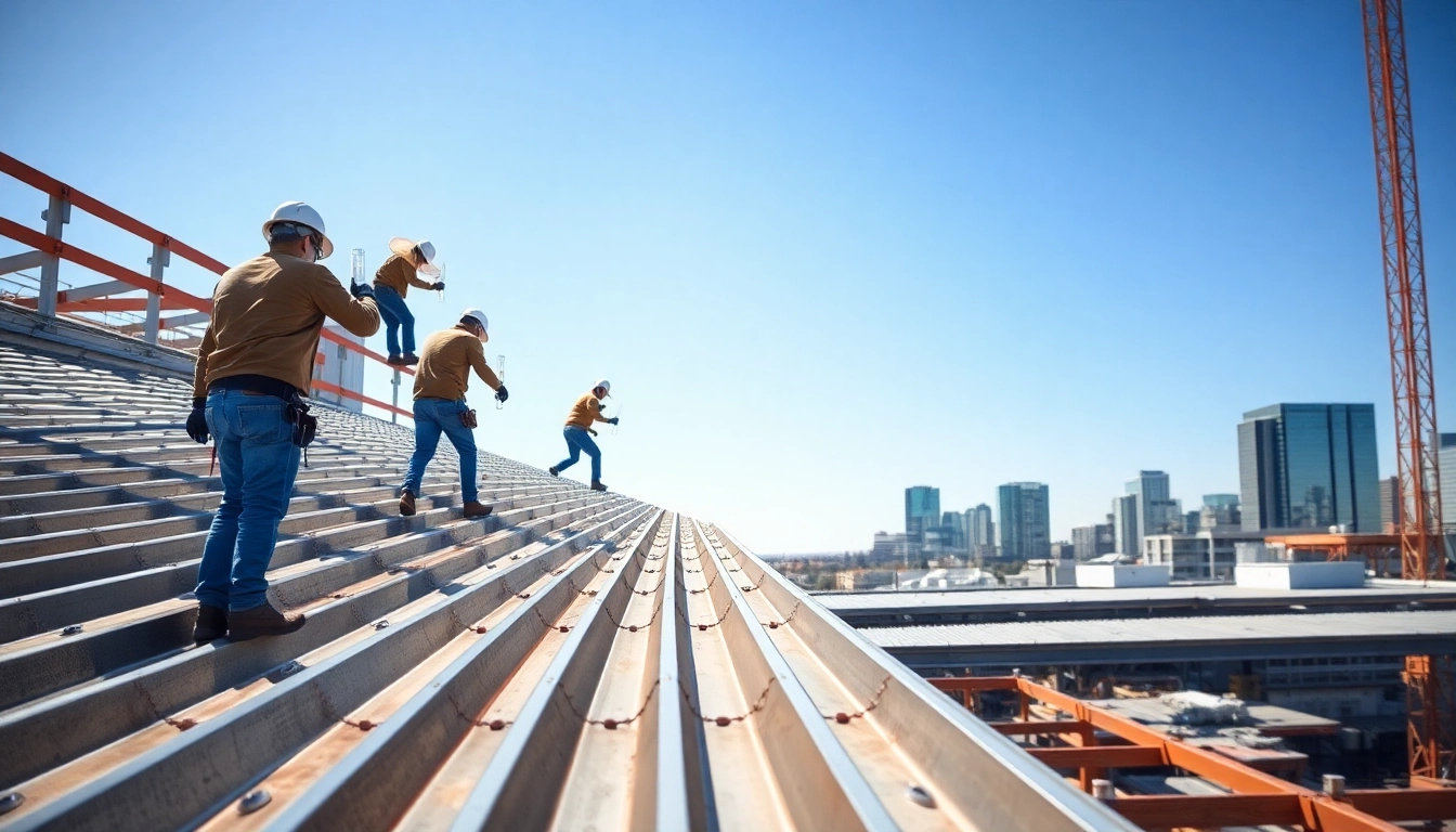 Workers installing metal roofing calgary on a construction site in bright sunlight.
