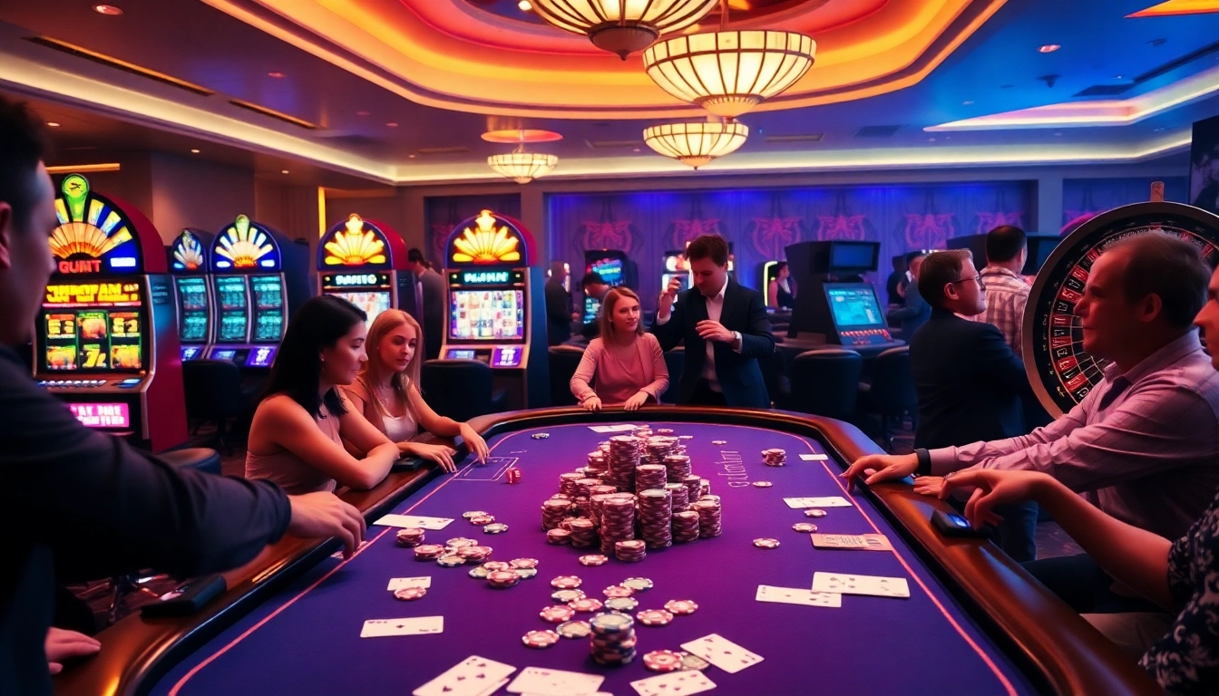 Engaging scene of a high-stakes casino with nohu-themed poker chips and vibrant gaming tables.