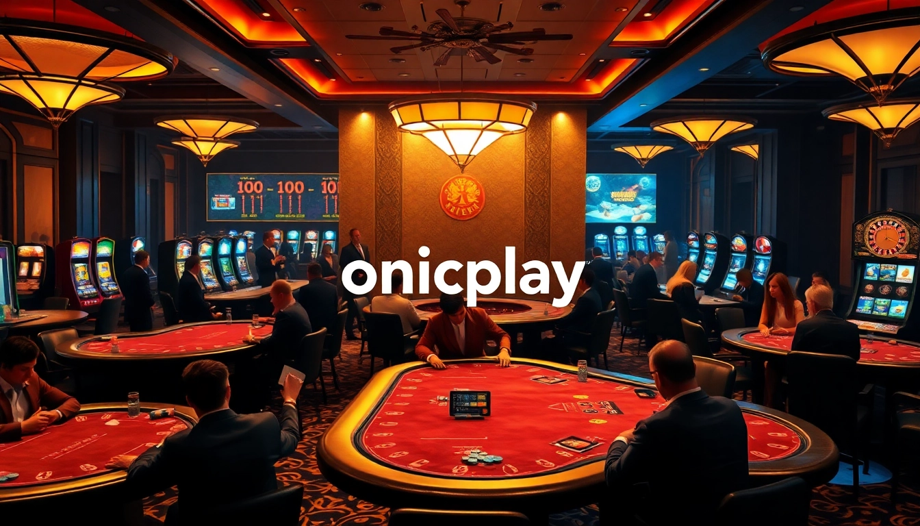 Experience the thrilling atmosphere of onicplay at a luxurious casino, showcasing poker tables and slot machines.