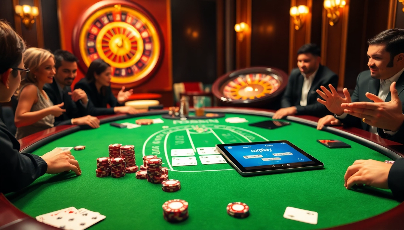 Players engaging in a thrilling game at an oxplay casino table, showcasing luxury and excitement.
